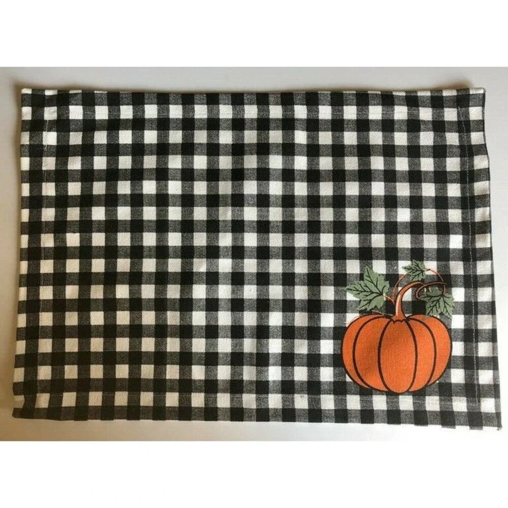Thanksgiving Placemats Set of 4 Black Buffalo Check Pumpkins 14x19